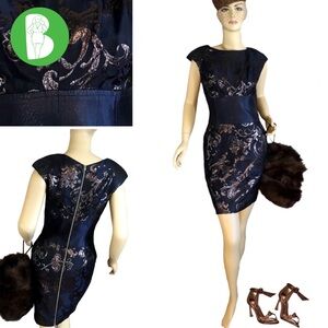 DEVI KROELL DARK BLUE WITH METALLIC BROWN BROCADE THICK WAIST COCKTAIL DRESS (S)